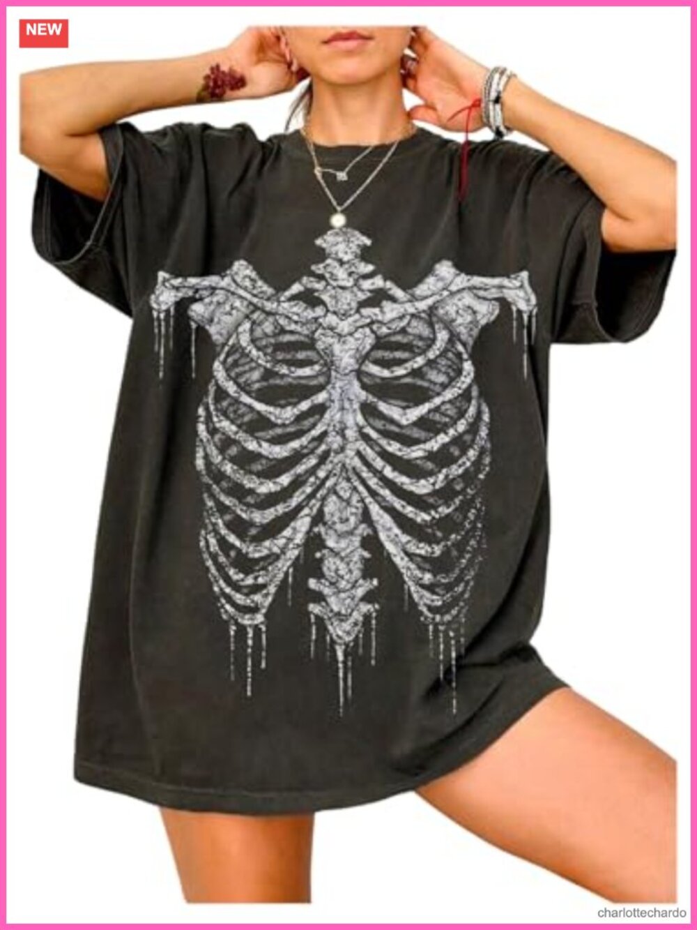 Oversized Skeleton Print Women's Gothic Tee Short Sleeve Loose Fit